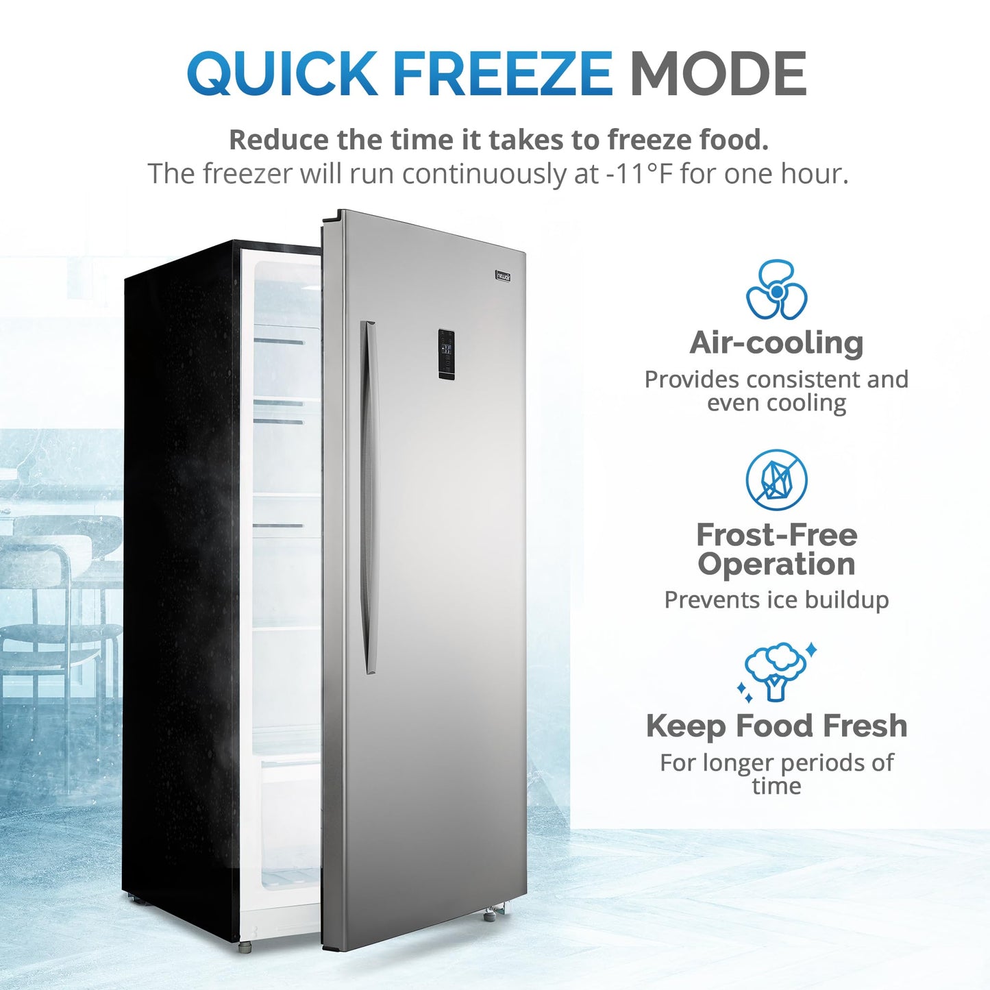 Newair Upright Freezer | 13.8 Cu. Ft., Garage-Ready Stand Up Freezer with Digital Controls, Auto Defrost, Fast Freeze Mode & LED Lighting | Stainless Steel