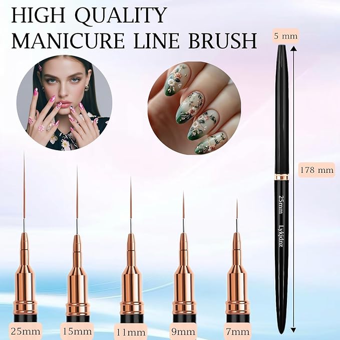 5pcs Nail Art Liner Brushes, Liner Brush For Nails Gel, Painting Art Design Brush Set Nail Dotting Drawing Tool For Long Lines, Thin Details, Fine Drawing Sizes 7/9/11/15/25mm（Black）