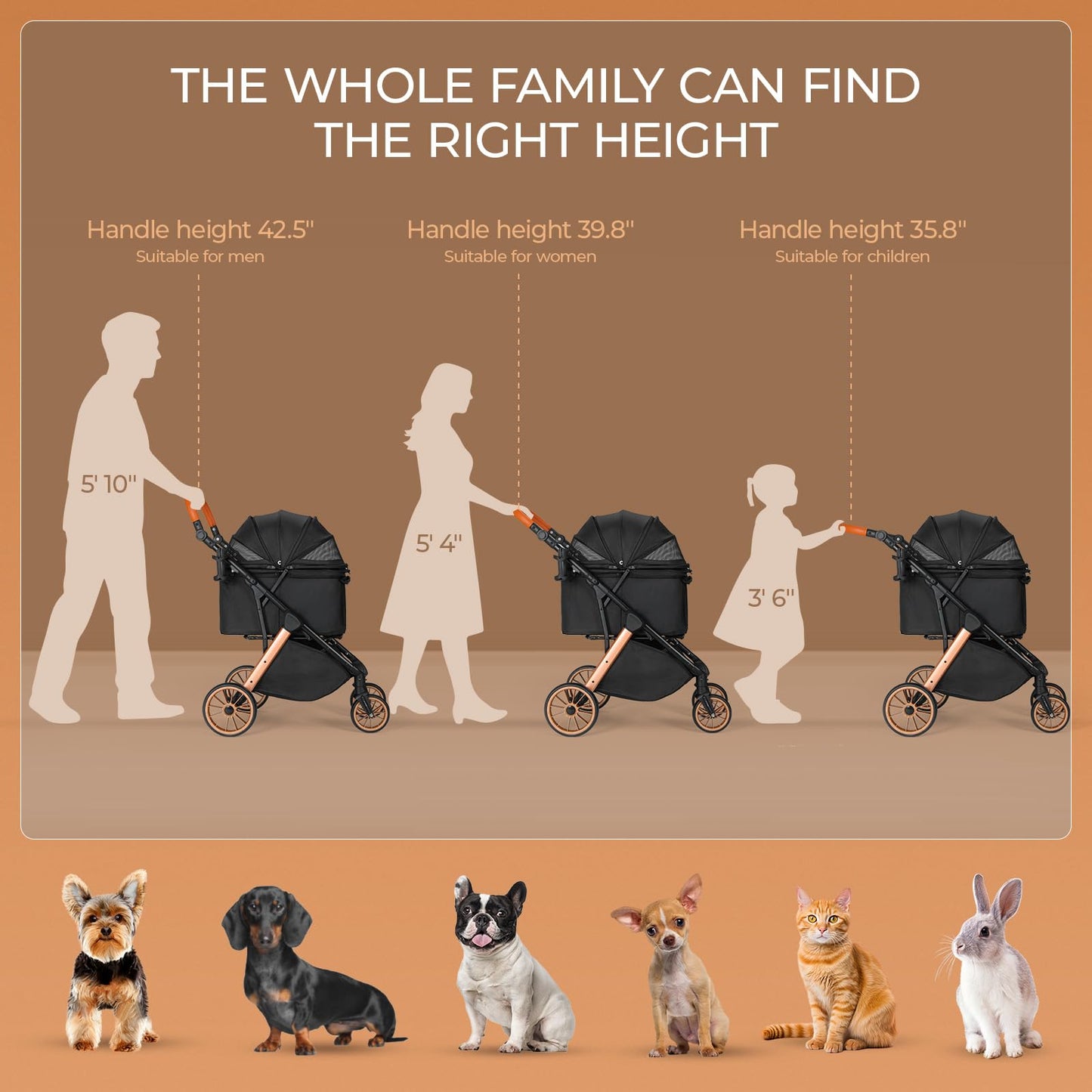 MAMIZO Foldable Dog Stroller for Medium Dogs Cats Up to 33 Lbs, Adjustable Height Handle, Pet Stroller with Aluminum and Carbon Steel Frame, Sun Shades, Storage Basket & Shock Absorbers, All-Terrain