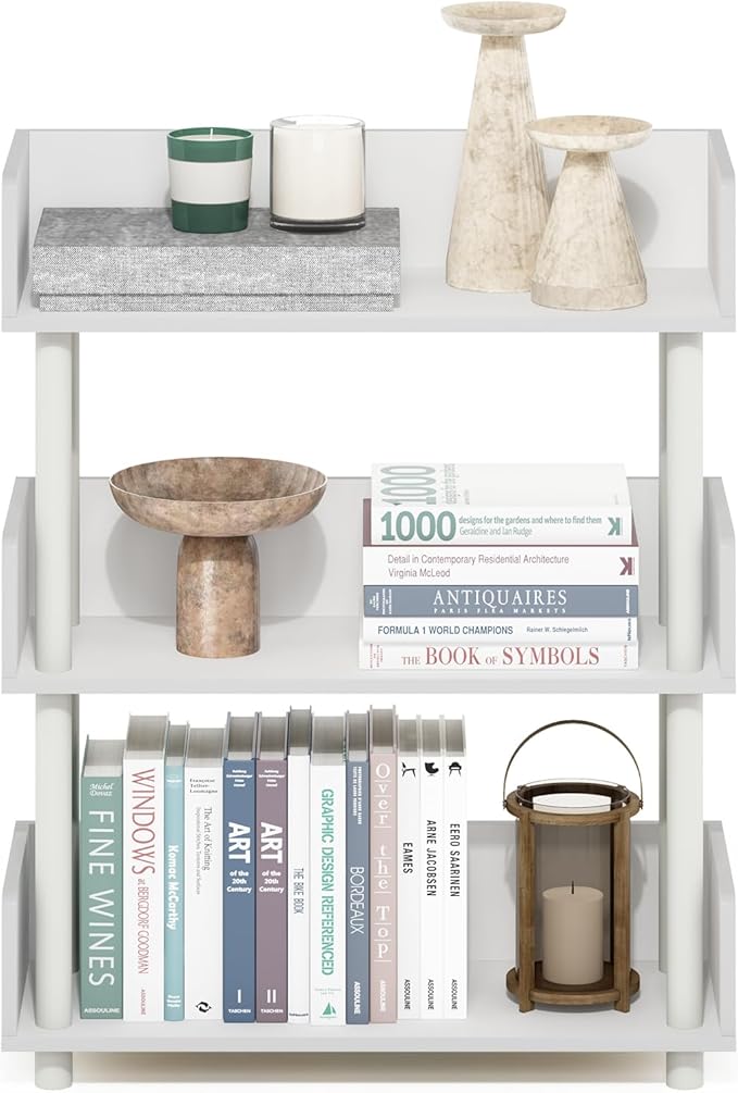 Furinno Turn-N-Tube Display Shelf, 3-Tier Storage Shelves with Side Panels, Open Shelves Book Shelf with Rounded Corner Top Edges, for Organization and Storage, Living Room, Home Office, White
