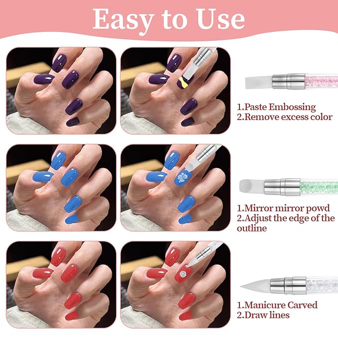 10Pcs Nail Art Brush Set, Nail Art Sculpture Pen Dual Tipped Silicone Nail Tools Acrylic Gel Nail Brush Crystal Handle Liner Brushes Rhinestone Nail Polish Carving Pen Nail Art Tools for Home Salon