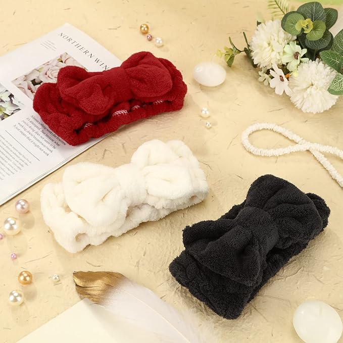 Hicarer 3 Pieces Hair Headband Headband to Wash Face for Women Makeup Spa Headband, Microfiber Bowtie Shower Headband for Women and Girls (Red, Black, White), 1.0 Count