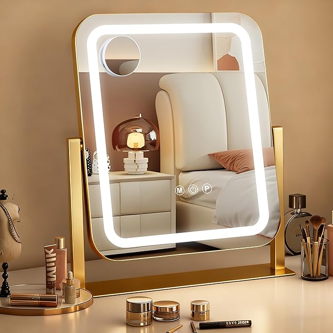 Gold Vanity Mirror with Lights 15"×13", Led Makeup Mirror, Lighted Makeup Mirror with 3 Color Dimmable Lights, Smart Touch Screen Control, 360°Rotation