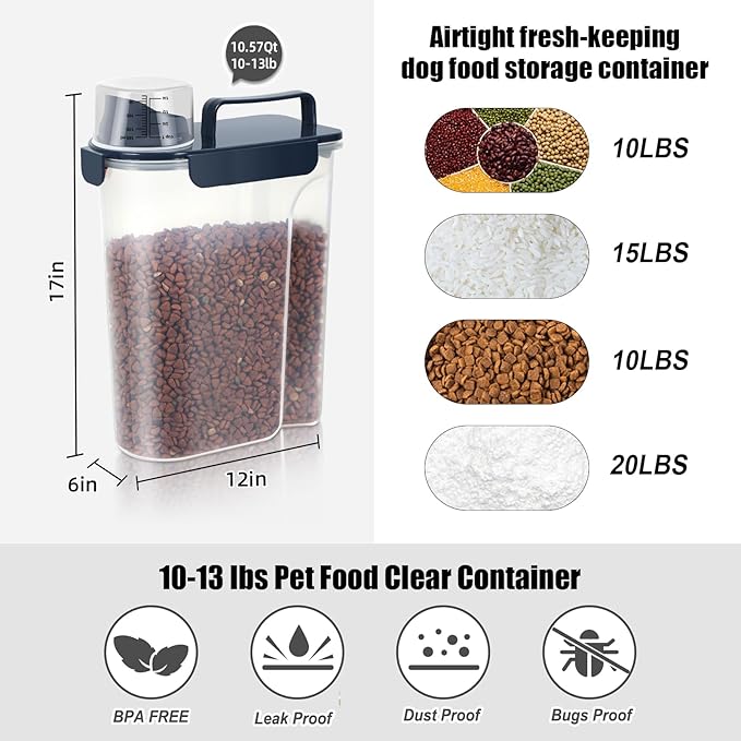 10-13 Lbs Upgrade Capacity Dog Cat Food Storage Container, Pet Dog Treat Container, Airtight, Clear Bucket Body, With 2-Cup Scoop, Handle, Large Nozzle, 4-Safety Buckles, Easy to Clean, Blue
