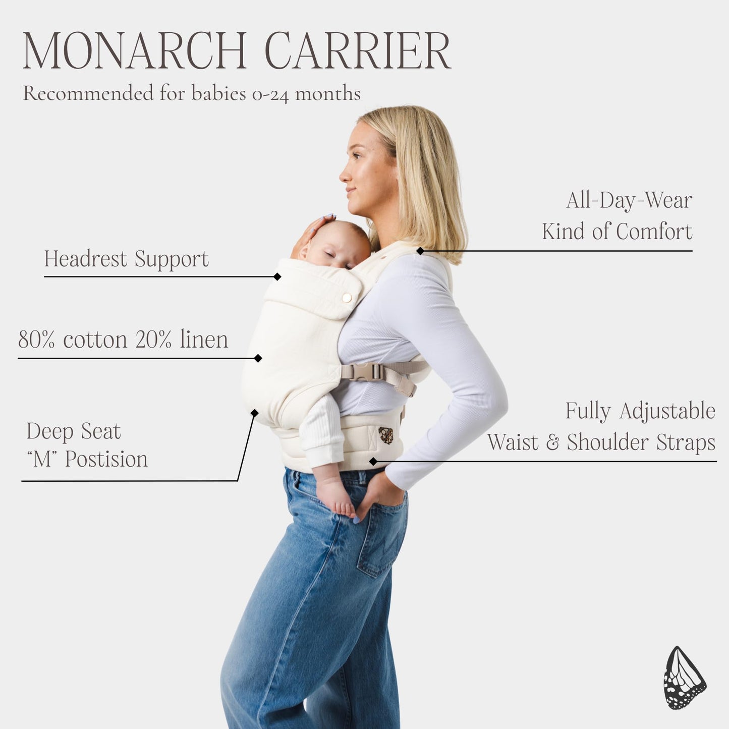 Mabē Monarch Ergonomic Baby Carrier – Premium Cotton Soft Structured Newborn to Toddler Carrier with Hip-Healthy Design, 3 Carry Positions (7-35lbs), Lightweight & Breathable,(Mauve Wings)