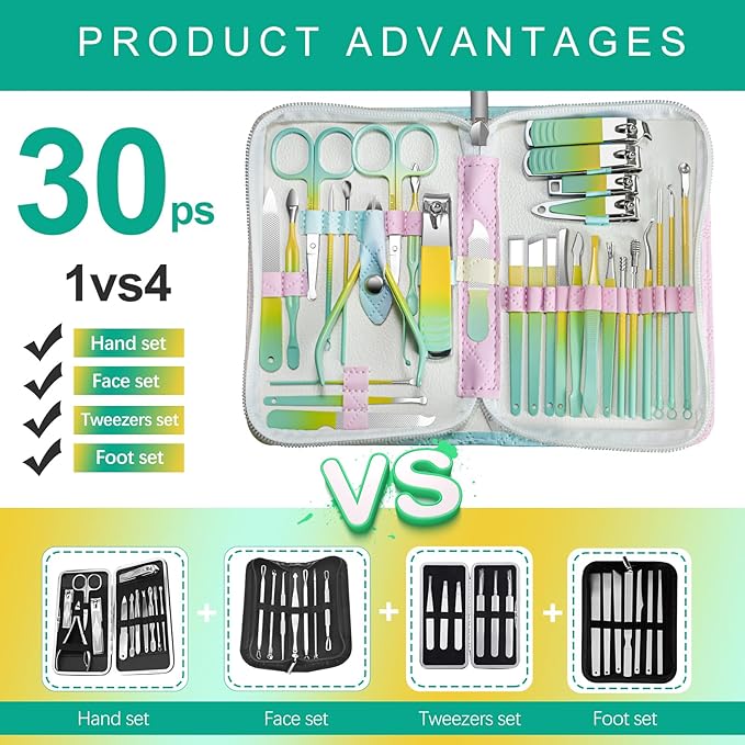 Manicure Set 30 in 1 Nail Clippers Set,Nail Manicure Kit for Women,RedFlow Toenail Clippers,Pedicure Kit,Pedicure Tools,Suitable for Travel Manicure Tools,Toe Nail Kit,Nail Care Kit(Yellow Green)