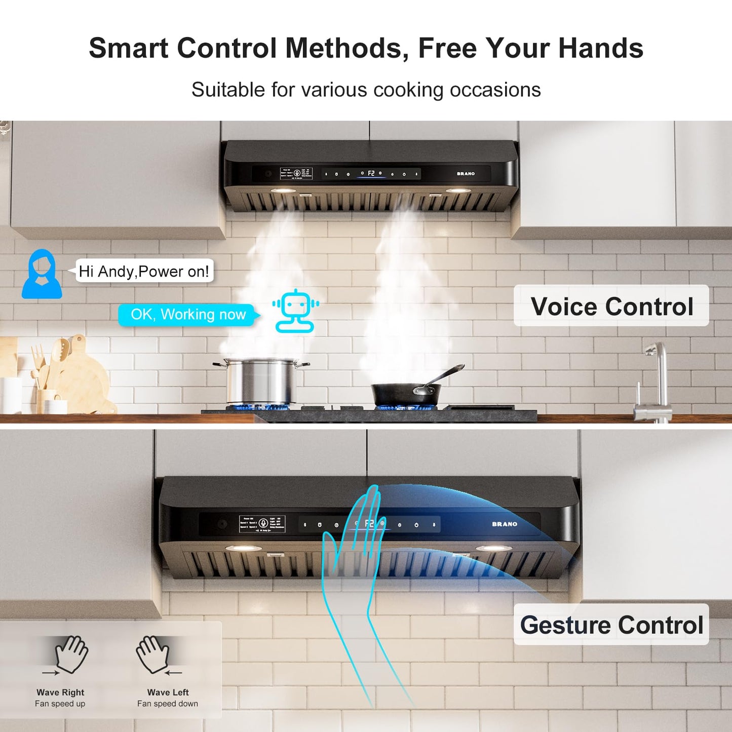 BRANO 30 Inch Under Cabinet Range Hood with Voice/Gesture/Touch Control, 900 CFM Kitchen Hood with 4-Speed Exhaust Fan, Stainless Steel Stove Hood with LED Lights, Baffle Filters