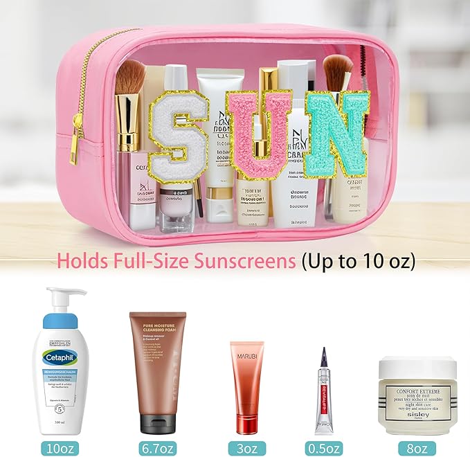 Clear Makeup Bag,Waterproof Sunscreen Bag with Letter Patches,Travel Beach Pool Bag,Personalized Travel Toiletry Cosmetic Bags Gifts For Girl Women Mom Teacher Nurse (Pink-Blue Tone Sun)