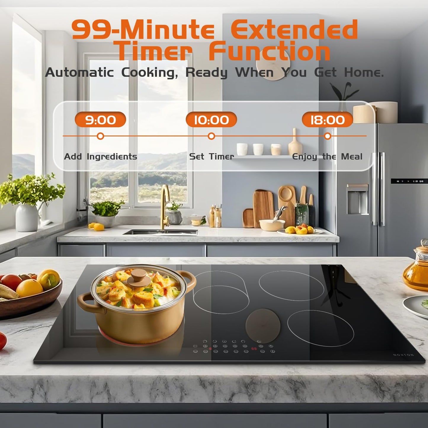 Noxton 36 Inch Electric Cooktop 5 Burner Electric Stove Top, Built-in Radiant Ceramic Cooktop with Extended Zone, Sensor Touch Control, Child Safety Lock, Timer, Pause, 8400W 240V Hard Wire