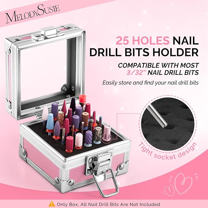 MelodySusie Nail Drill Bits Holder, 25 Holes Case, Portable Dustproof Displayer Organizer Container, Nail Tech Professional Nail Art Tool, Travel Salon Home, Pink (Drill Bits Not Included)