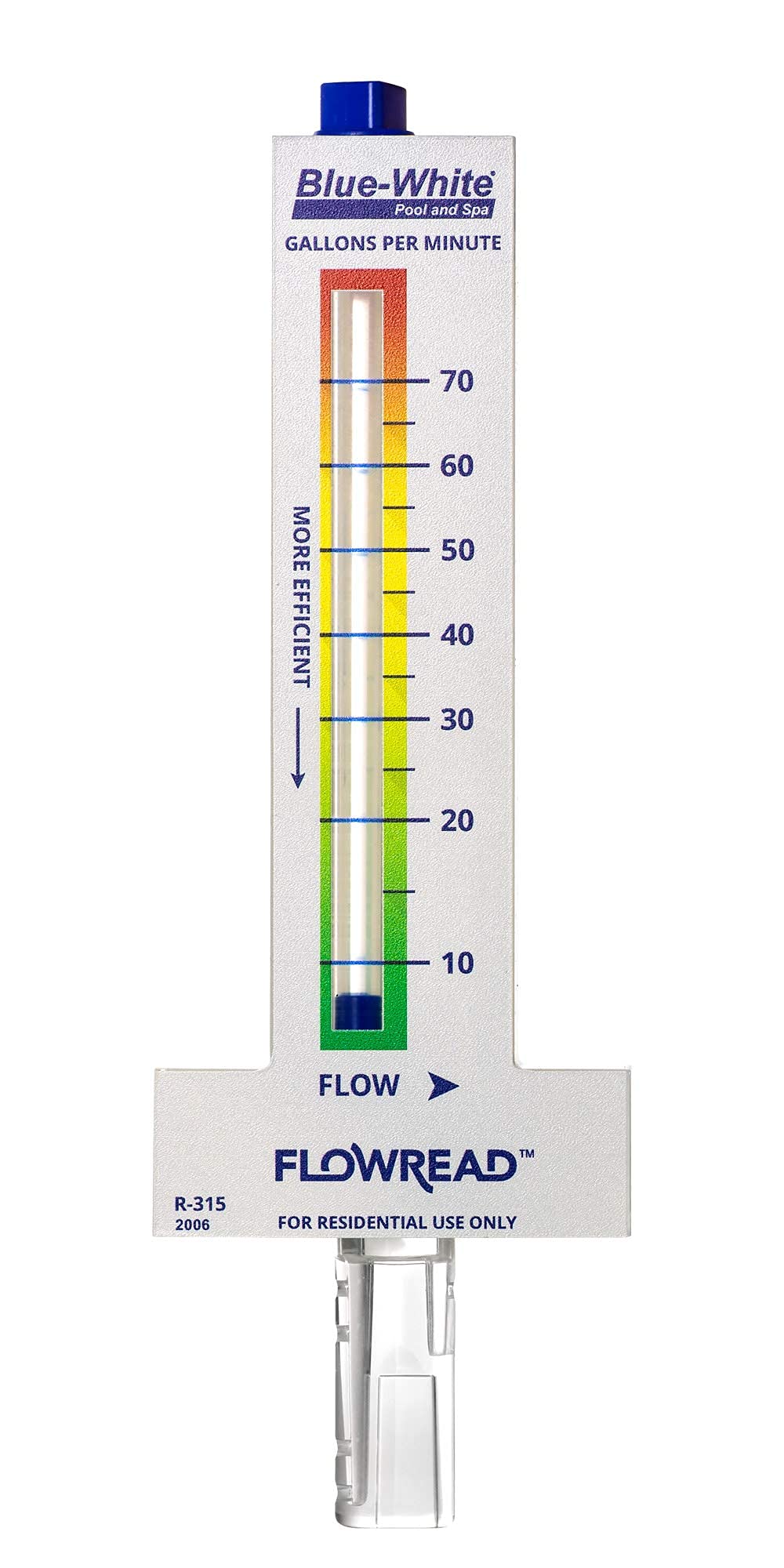 Blue-White FLOWREAD® R-315, 10-70 GPM, Acrylic Flow Meter for 1.50" ID Pipe, accurate flow rate measurement for residential swimming pools