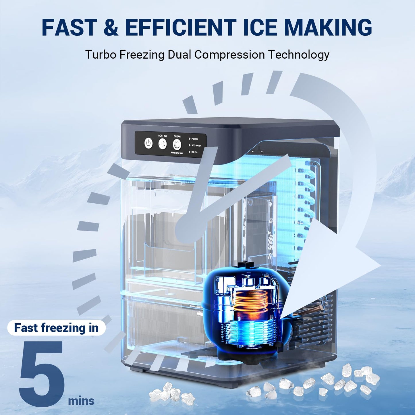 Nugget Ice Maker Countertop, 44lbs/24H with 0.8 Gallon Tank, Chewable Soft Pellet Ice Ready in 5 Mins, Stainless Steel Countertop Ice Maker with Self-Cleaning for Home, Office, RV
