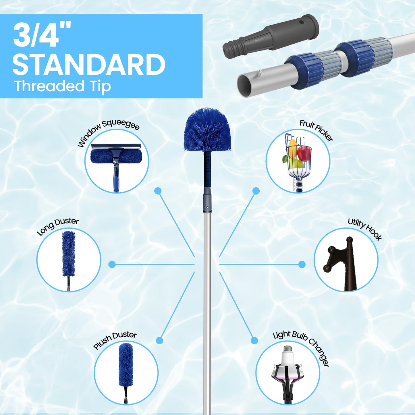 Poolvio 12FT Pool Pole, 2-Piece Telescopic Swimming Pool Cleaning Pole with Universal Threaded Tips, 2-in-1 Design for Skimmer Nets, Vacuum Heads, Brushes & Household Cleaning Tools