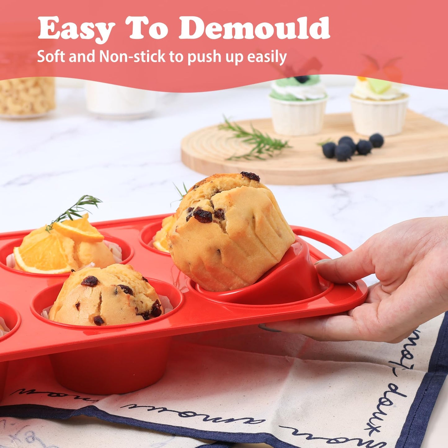 Foepoge 2 Pack Jumbo Silicone Muffin Pan with Metal Frame, Non-stick Large Silicone Cupcake Pan with Handles 6 Cup, Silicon Muffin Tin Tray for baking, egg bites, Cupcake Mold, BPA Free Red