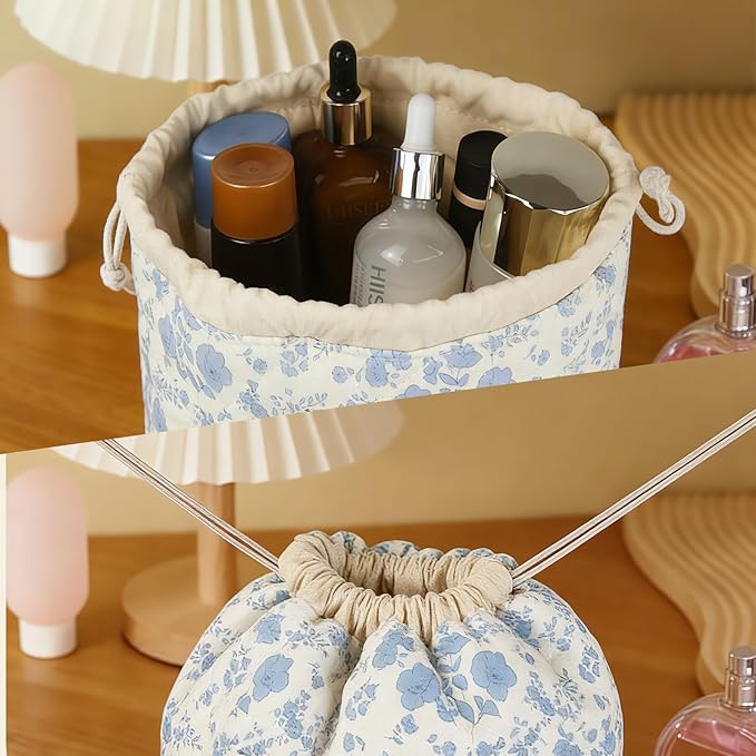 Large Makeup Bag, Cute Drawstring Cosmetic Bag with Canvas Lining, Floral Coquette Aesthetic Toiletry Bag, Travel Make Up Organizer Bag for Women and Girl (Blue Flower)