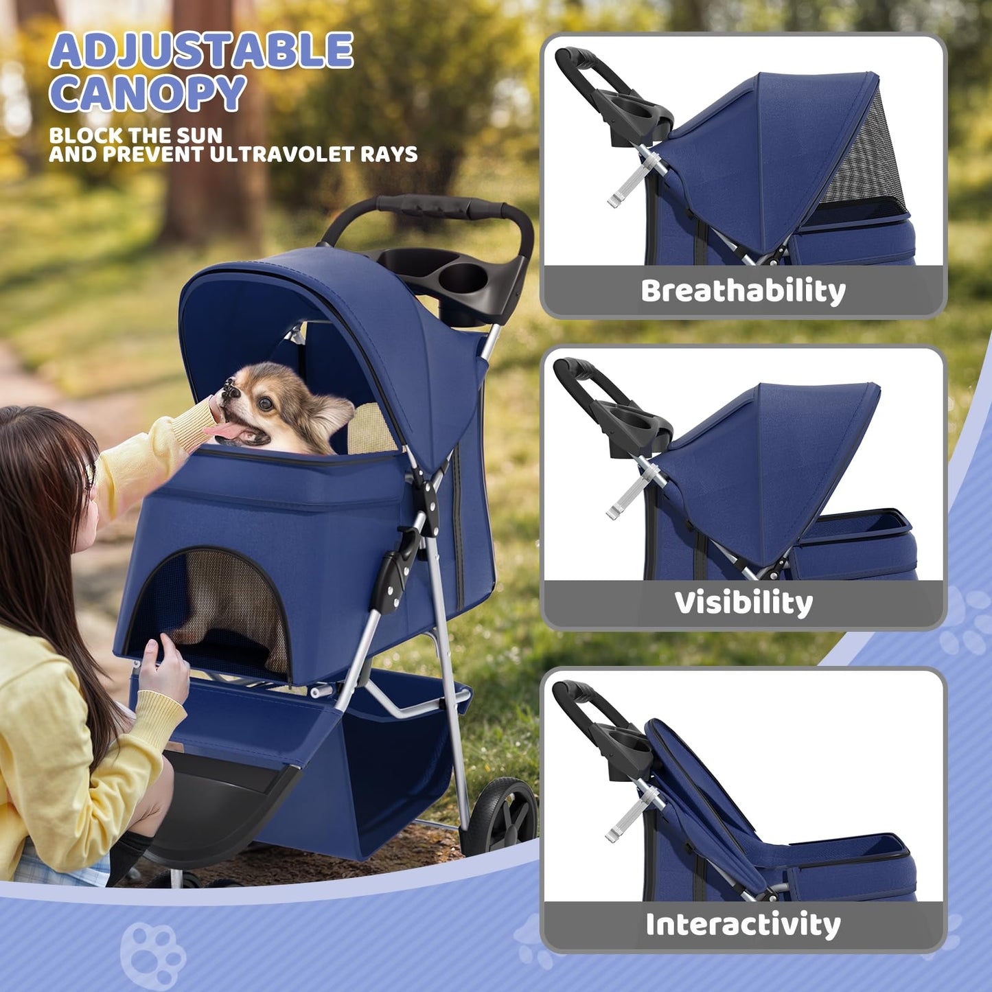 Magshion 3-Wheel Pet Stroller, Foldable Travel Jogger for Small & Medium Dogs & Cats (Up to 33lbs), Lightweight Carrier with Breathable Mesh Cover, Cup Holder & Storage Basket, Navy Blue