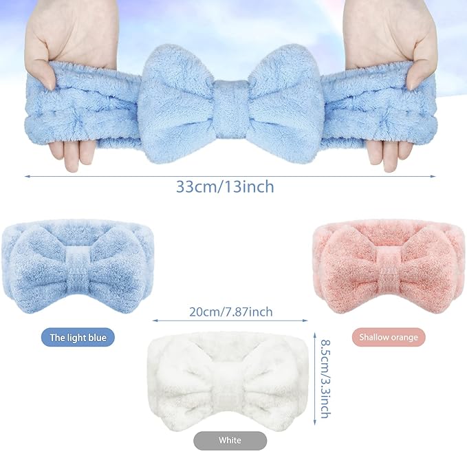 3 Pieces Towel Headbands for Women Makeup Headband for Washing Face Makeup Spa Headband, Microfiber Bowtie Shower Headband for Women(Light Orange, Blue, White)