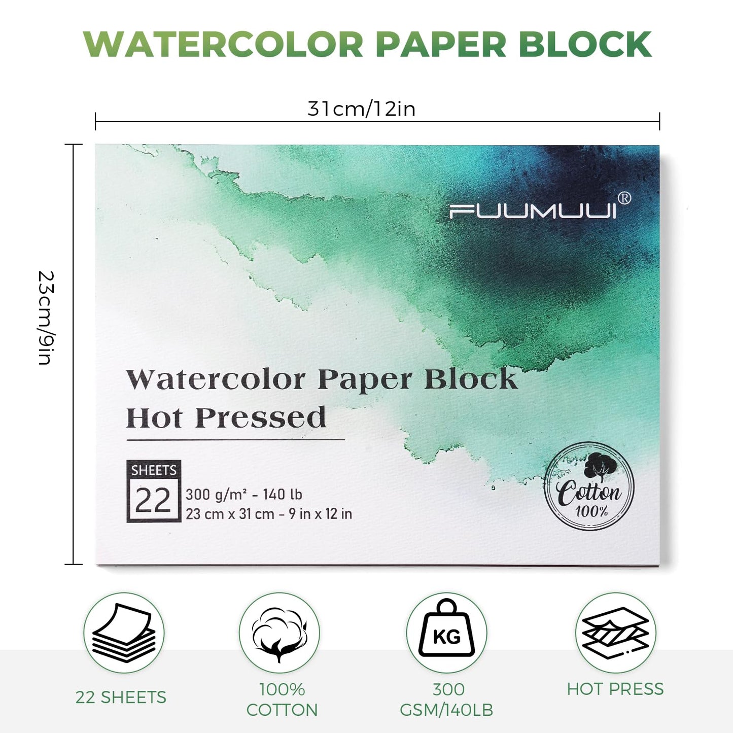 Fuumuui Watercolor Paper Block 9x12 Inch, Smooth Surface 100% Cotton Watercolor Paper, 22 Sheets, 140lb/300gsm, Hot Press, Acid-Free, Art Paper for Painting & Drawing, Wet, Mixed Media