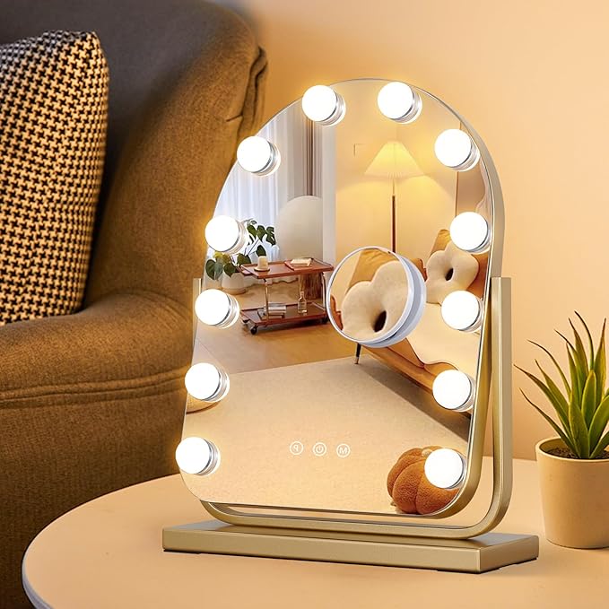 Vanity Mirror with Lights,17.3"ÃÂ13" Lighted Makeup Mirror with 12 Dimmable LED Bulbs,10X Magnification Smart Touch Control Hollywood Mirror with Lights,3 Colors Dimmable,360ÃÂ° Rotation (Gold)