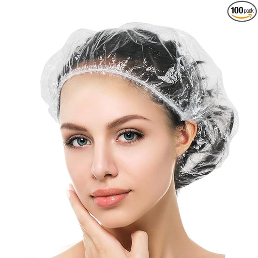 Auban 100PCS Disposable Shower Caps, Plastic Clear Hair Cap Large Thick Waterproof Bath Caps for Women, Hotel Travel Essentials Accessories Deep Conditioning Hair Care Cleaning Supplies(20.5")