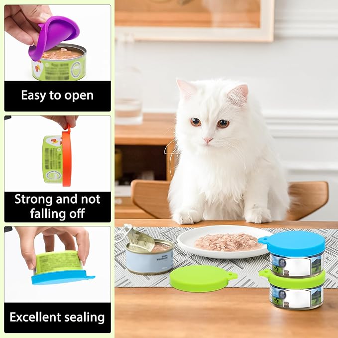 PINE & LINEN 4 Pcs 2.5inch Durable Pet Can Lids,Silicone Small Pet Can Covers Waterproof Cat Food Cans Lids for 3 oz Cat Food Cans（Sky Blue+Orange+Purple+Green）
