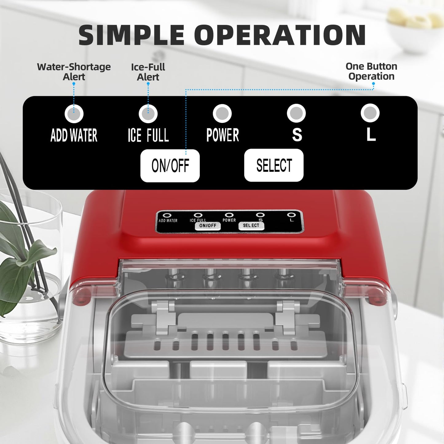 Antarctic Star Ice Maker Countertop, 8 Bullet Ice Cubes in 6 Mins, 26.5 lbs/Day, Self-Cleaning, 2 Sizes, Ultra-Quiet for Home/Kitchen/Camping/RV RED