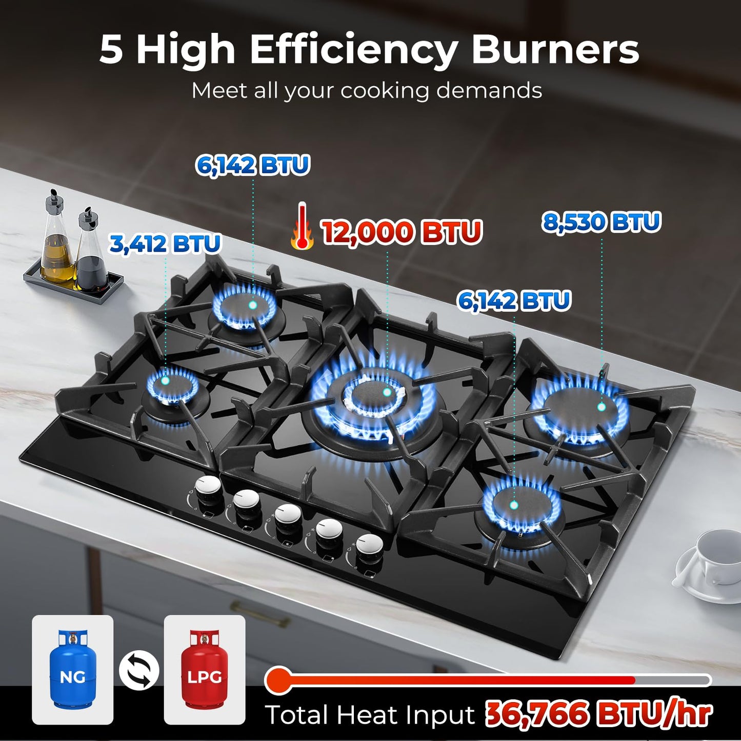 Gas Cooktop 30 Inch, Amzgachfktch 5 Burners Propane Stove, Built-in NG/LPG Convertible Gas Stove Top, Black Tempered Glass Propane Cooktop with Thermocouple Protection