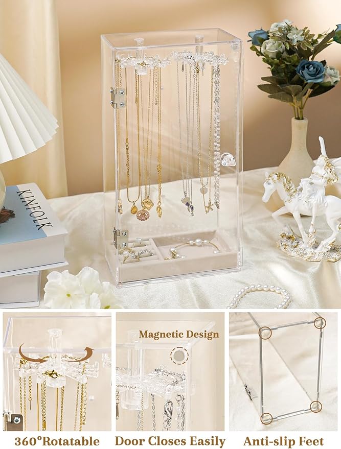 Necklace Holder, Acrylic Necklace Organizer, Rotatable Clear Jewelry Holder Organizer Display Case for Long Necklaces Pendant Bracelets, Jewelry Holder Box with Velvet Tray for Rings Earrings