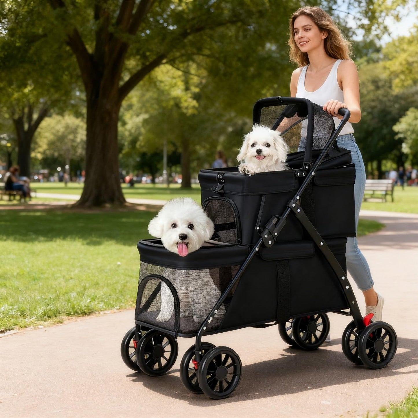 Double Dog Stroller for Medium Small Dogs and Cats Load-Bearing Up to 50lbs, Durable 360° Universal Wheels Lightweight One Hand Foldale Kittens Puppies Travel Stroller Cart(Double)