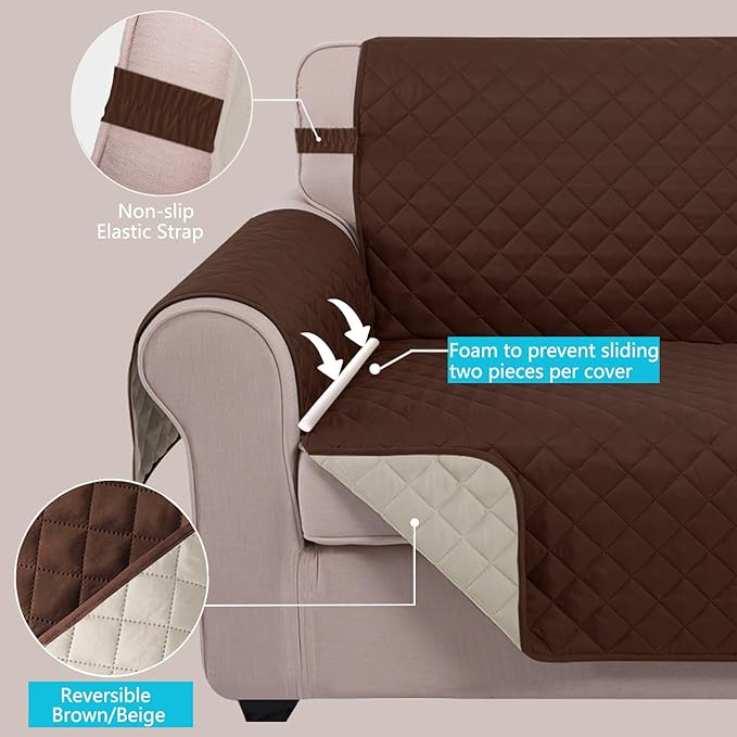 U-NICE HOME 4 Seater Sofa Cover 91 Inch Large Couch Covers for 4 Cushion Couch with Elastic Straps Water Resistant Furniture Protector Cover for Pets Cat (Sofa XX-Large, Brown/Beige)