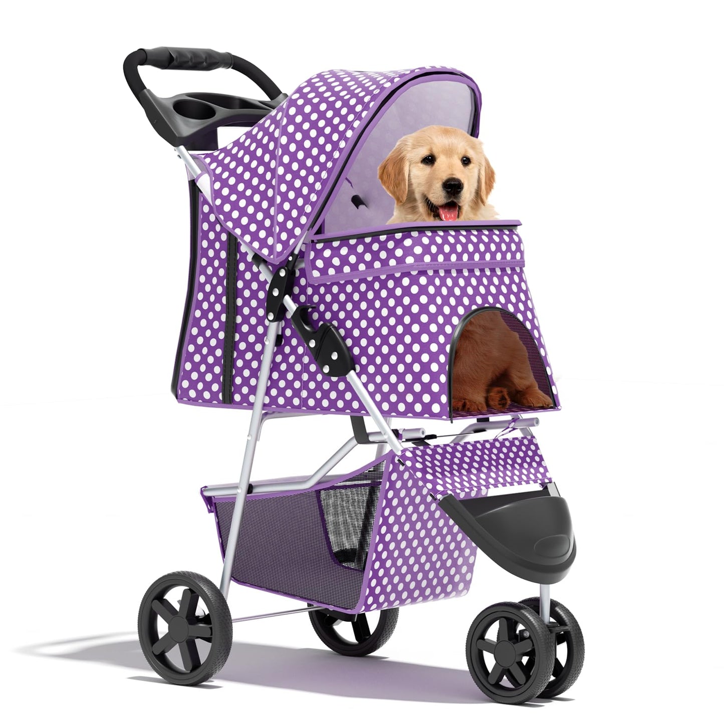 Pet Stroller for Small Dogs 10 lbs, Dog Stroller for Medium Dogs 30 lbs, Cat Strollers for 2 Cats, 3 Wheels Foldable Jogger Puppy Stroller with Storage Basket and Cup Holder, Purple Polka Dots
