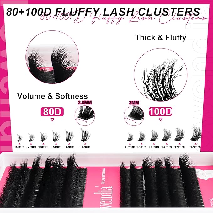 Fowendia Lash Clusters Kit Fluff 80D 100D Individual Lashes D-Curly Cluster Eyelash Extensions 10-18mm DIY Lash Extension Kit Lash Bond and Seal Waterproof, Lash Applicator, Thick False Eyelashes Kit