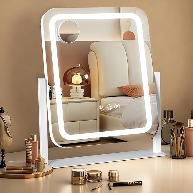 Vanity Mirror with Lights 15"×13", Led Makeup Mirror, Lighted Makeup Mirror with 3 Color Dimmable Lights, Smart Touch Screen Control, 360°Rotation