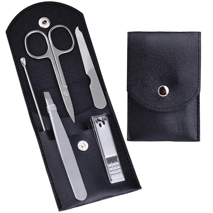 HANTEKAS Travel Manicure Set Professional Nail Clipper Kit-5 Pieces Stainless Steel Manicure Kit, Women Men Grooming kit With Nail Care Tools Beauty Scissors Tweezers (Silver Black)