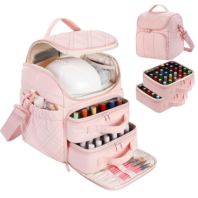 Nail Polish Organizer with 2 Detachable Cases Hold 60 Bottles & Nail Lamp, Portable Nail Organizers and Storage with Handle & Shoulder Strap, Travel Nail Bag for Manicure Tools