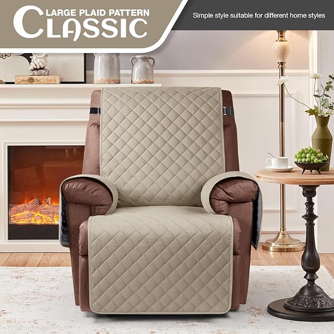 KinCam 100% Waterproof Recliner Chair Cover, Reclining Couch Covers for Pets, Dogs, Recliner Couch Slipcover Furniture Protector with Elastic Straps for Kids(28", Khaki)
