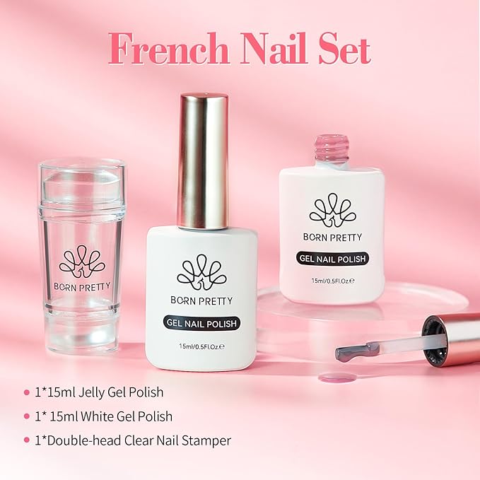 Born Pretty French Manicure Kit, Nail Stamper and 2Pcs Gel Nail Polish, Include Jelly Glitter Pink White Colors for French Tip, U V Light Cure
