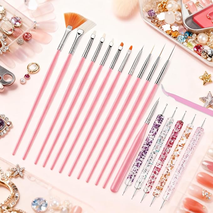 Nail Art Tools Set, Nail Art Kit for Beginners: 15 professional nail brushes for nail art, 5 precision dotting tools, 1 pink curved tweezers, Design Tools for Nail Tech & Beginners
