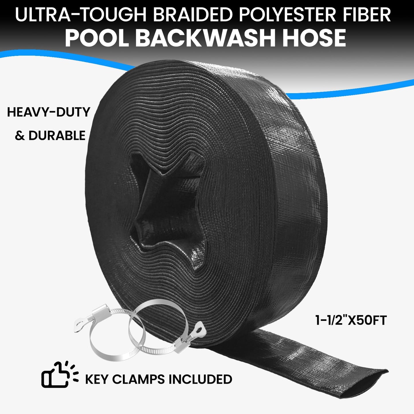 Poolvio Backwash Hose 1-1/2" x 50 ft, Heavy-Duty Lay-Flat Reinforced PVC Discharge Hose with 2 Stainless Steel Thumb Screw Clamps, Leak-Resistant for Inground & Above-Ground Pool Filters