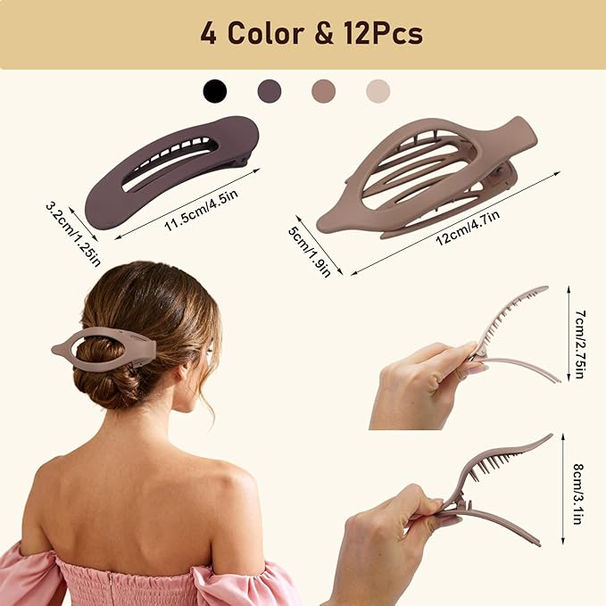 8 Pack Flat Hair Clips for Women – Matte Neutral Claw Clips & Flat Hair Pins Barrettes Set in Black, Blonde,Light Brown & Dark Brown for Thick & Thin Hair