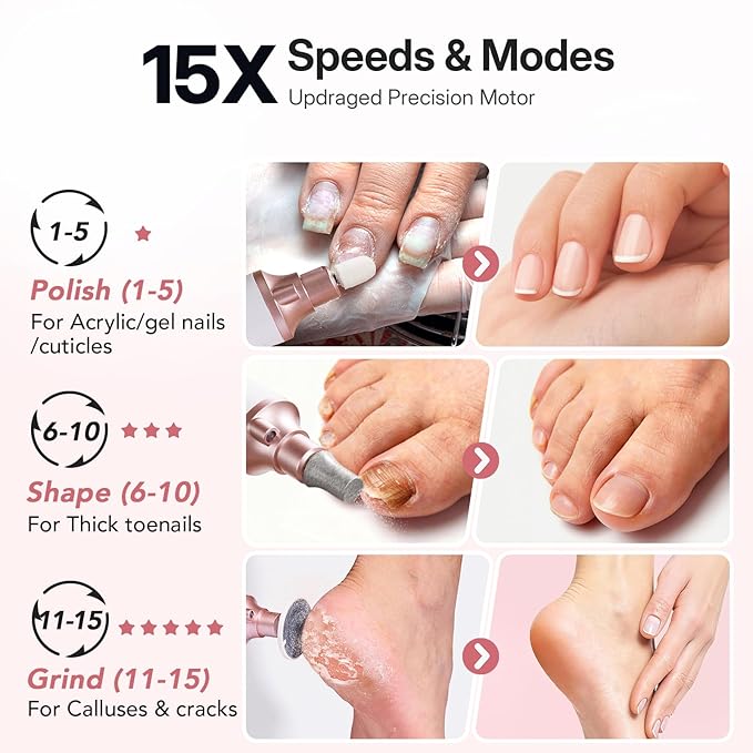 Litbear Electric Nail Drill File Set, 15 Speed Professional Thick Toenail Grinder, Cordless Pedicure Manicure Tool Callus Remover for Women Men Senior Hand Feet Care, Home Salon Use (White)