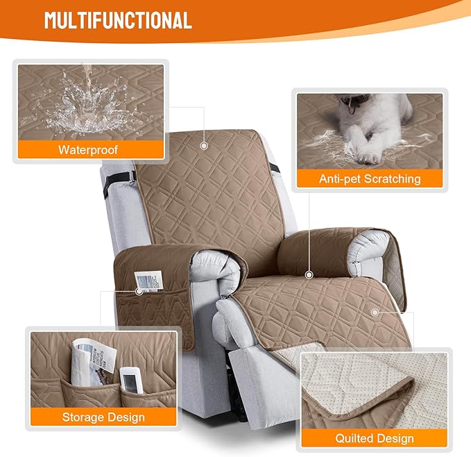 VANSOFY 100% Waterproof Recliner Chair Covers, Recliner Cover Non-Slip Dog Chair Cover Furniture Protector Washable Slipcover with Pocket, Elastic Straps for Pets, Dogs(Light Brown, 22")