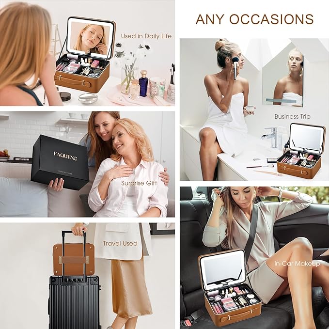 Faquenc Leather Makeup Case with LED Lighted Mirror 11.4 Inch Travel Makeup Bag Adjustable Brightness in 3 Colors Cosmetic Organizer Artist Storage Bag with Dividers Brush Holder Bag Vanity Brown