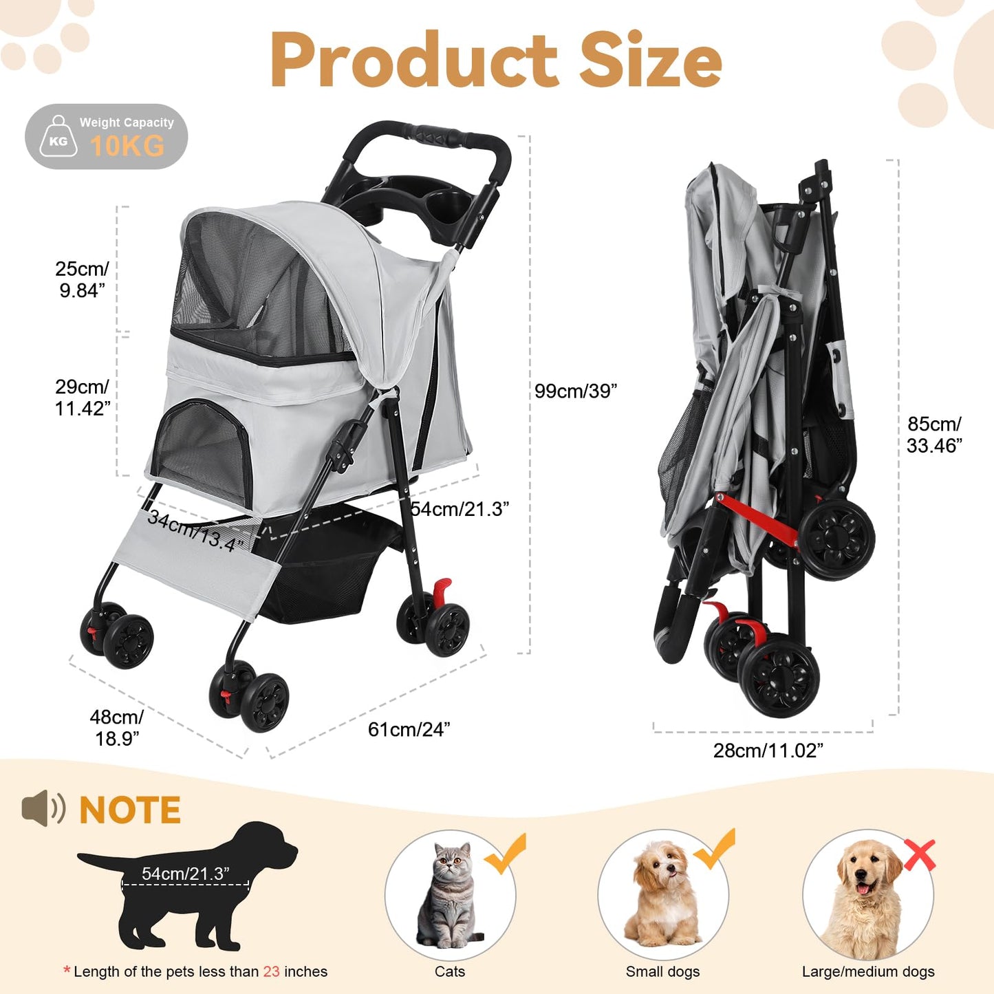 sxvbdway 4 Wheels Pet Stroller for Medium Small Dog up to 50lbs, Dog Cat Stroller, Outdoor Travel Pet Folding Strollers with Cup Holder, Detachable Carrier, Breathable Visible Mesh (Grey Upgraded)