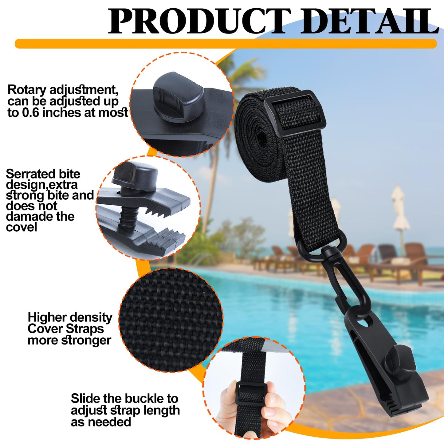 18Pcs Adjustable Length Upgraded Pool Solar Cover Reel Strap Pool Cover Reel Attachment Straps Pool Reel Strap Kit Including 6 Solar Cover Reel Blanket Straps with Hooks,6 Clamps,6 Touch Fastener