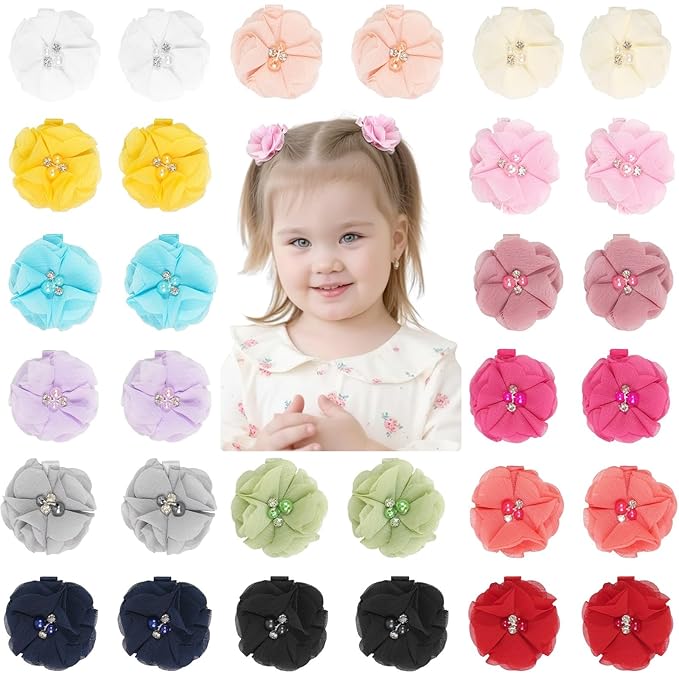 DeD 30PCS 2" Chiffon Flower Hair Bows Clips with Rhinestone Pearl Flower Tiny Hair Clips Fine Hair for Girls Infants Toddlers Set of 15 Pairs