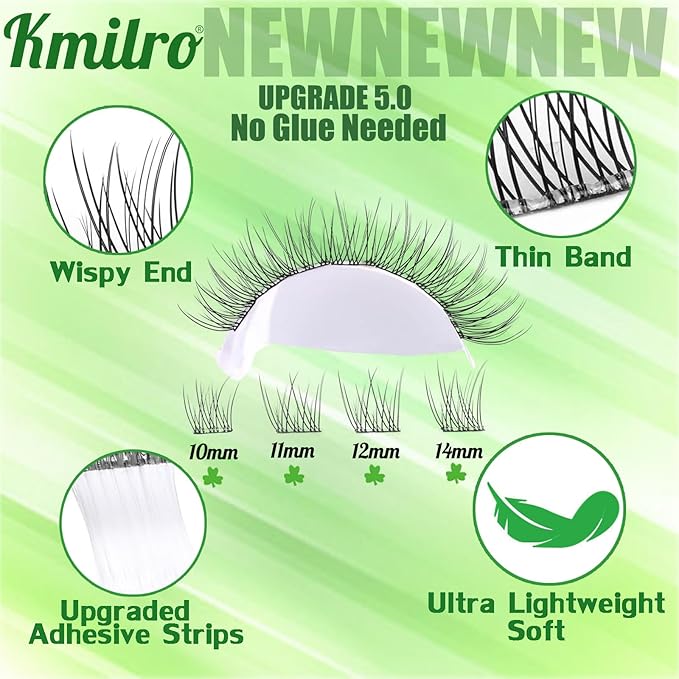 Self Adhesive Eyelashes 10-14mm Natural Self Adhesive Lash Clusters Wispy Press on Lashes No Glue Needed 120Pcs Pre Glued Lashes Clusters Reusable DIY Eyelash Extensions Kit with Tweezers, by Kmilro
