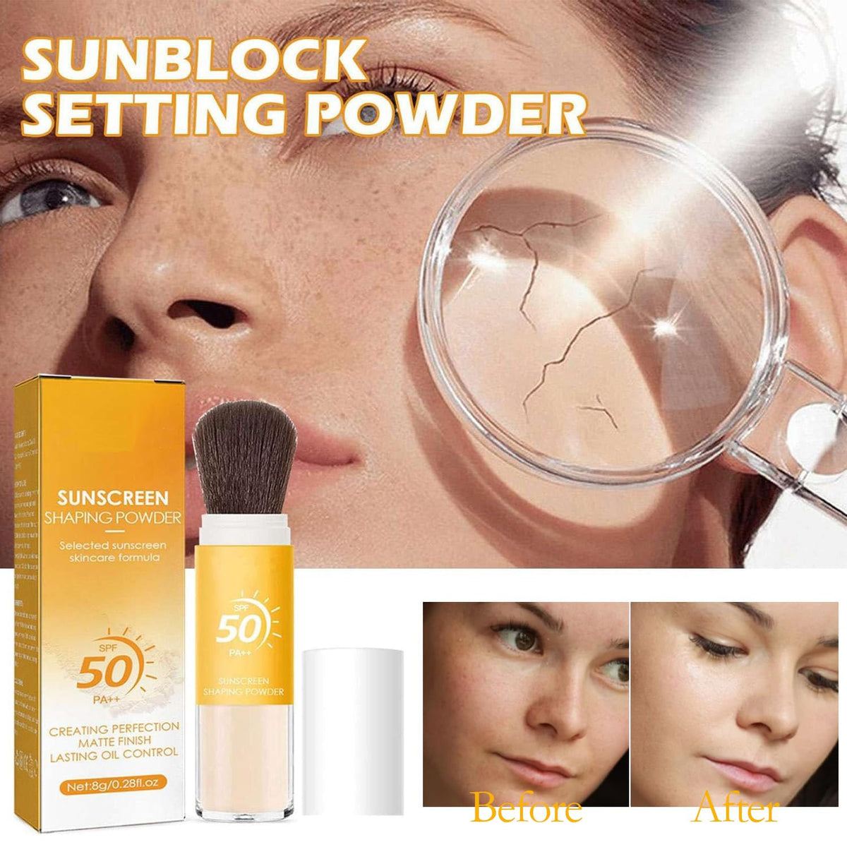 Mineral Sunscreen Setting Powder, Mineral Brush Setting Face Powder Makeup SPF 50 PA++ for All Skin, Oil Control Lightweight Breathable Concealer Brush Powder, Matte Smooth Translucent Face Powder