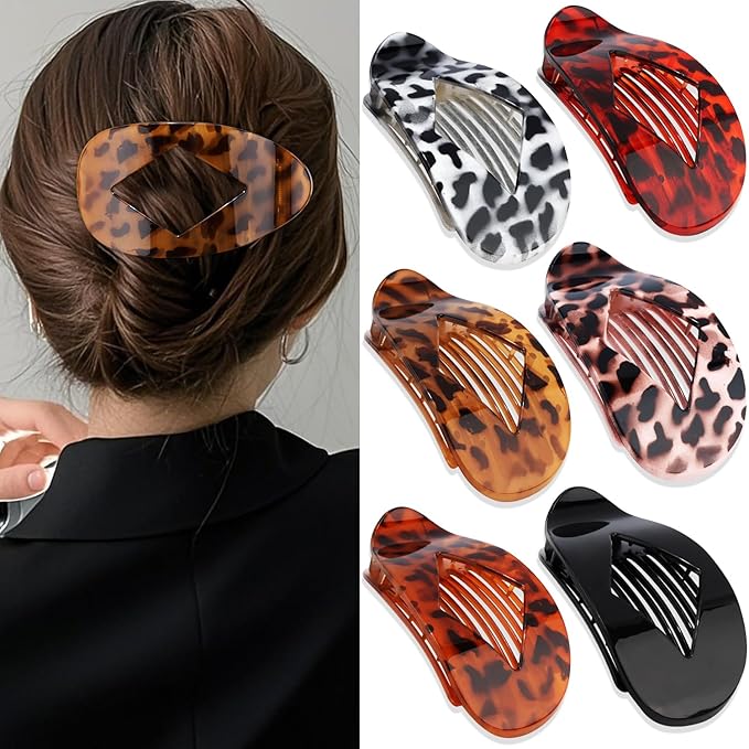Large Flat Round Hair Clips Oval Claw Clips for Thick Medium Thin Hair 6Pcs Non Slip Strong Hold Barrettes Duckbill Accessories for Women Girls Leopard Tortoise Shell Color