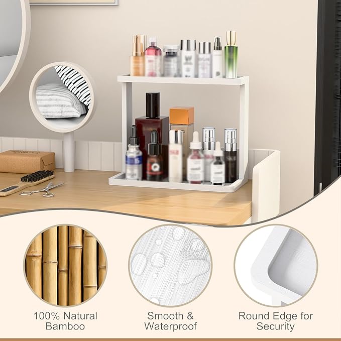 PEKER Bamboo Bathroom Organizer Countertop Ã¢ÂÂ Small Vanity Storage Shelf for Makeup, Perfume, Skincare Ã¢ÂÂ Natural Cosmetics Display Rack for Dresser, Sink, Kitchen Ã¢ÂÂWhite